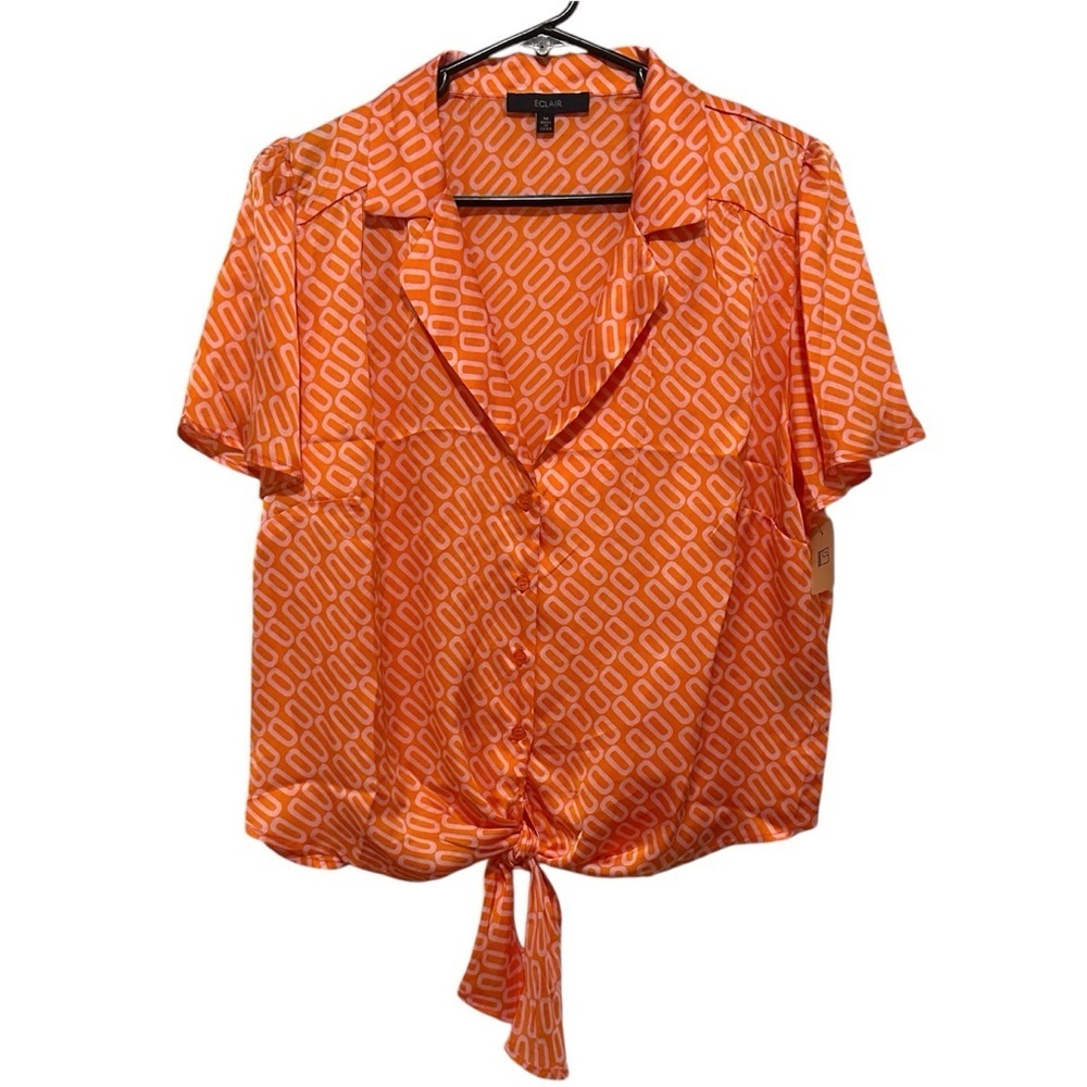 Eclair Orange and Pink Geometric Print Tie-Front Blouse Women’s M
